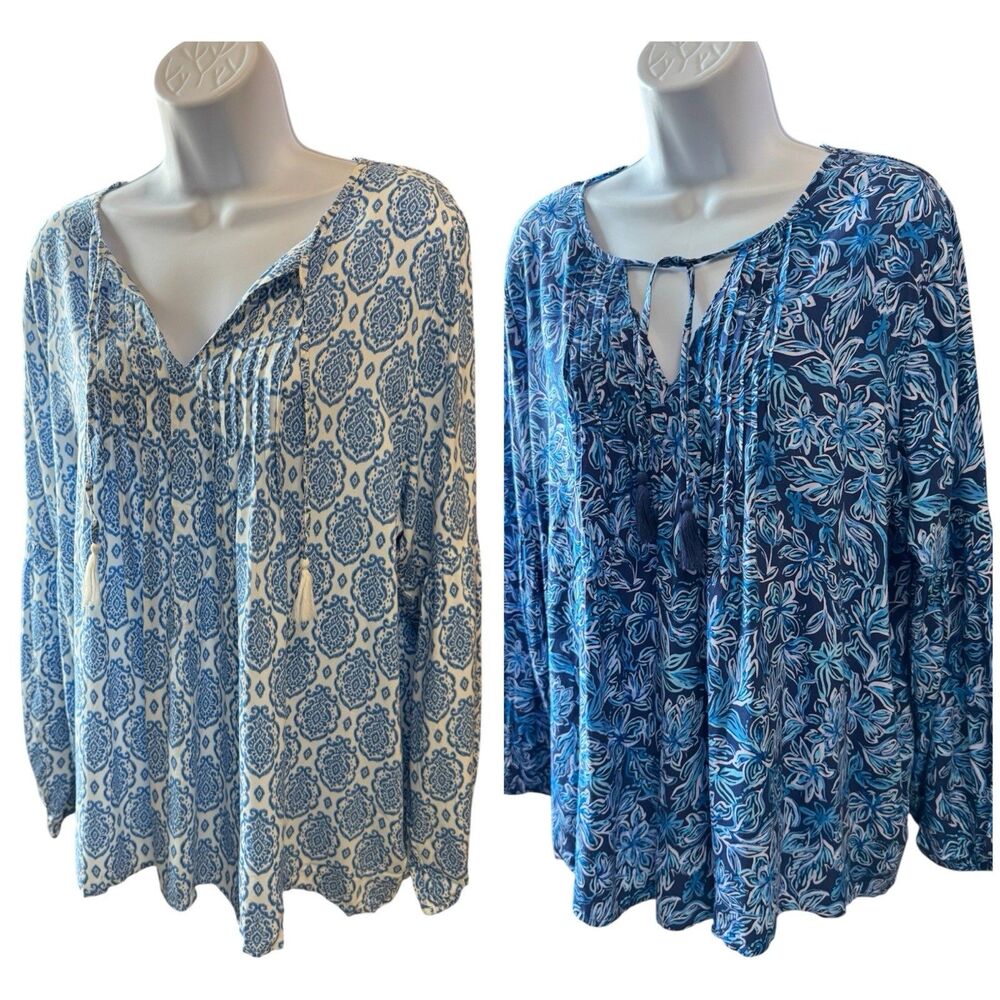 Stella Parker Lot of 2 Tunic Blouse Top Long Sleeve Size XXL Floral Beach Summer
